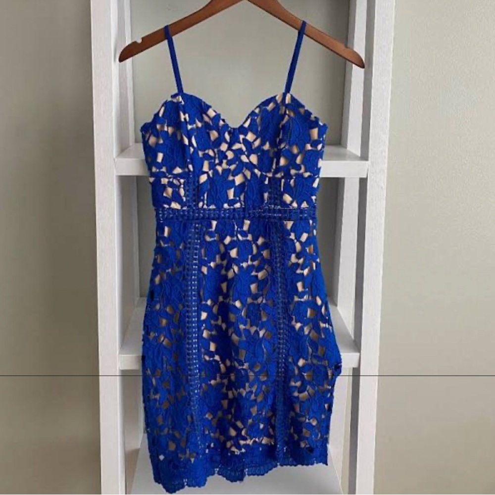 Blue lace dress with tan underlay- size M